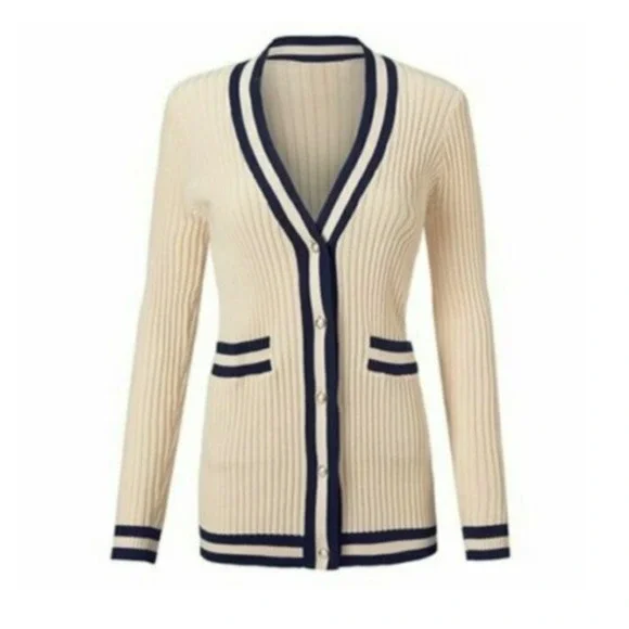 Cabi Size S Radcliff Cardigan Sweater Varsity Stripe 5458 Ivory Blue - Picture 2 of 9